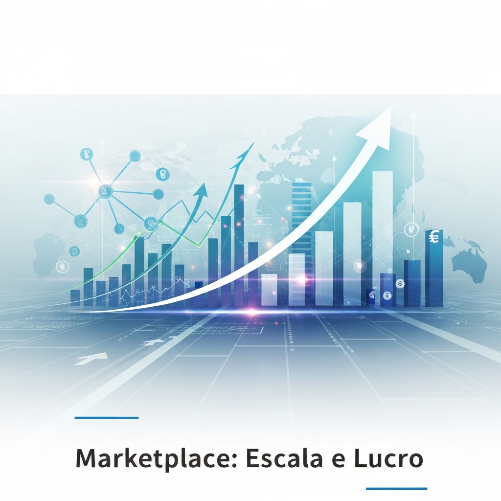 Digital illustration showing strategic growth in marketplace with data graphs, network lines, and an upward arrow, representing advanced strategies for traffic management, customer loyalty, and profitability, as discussed in "Estratégias Avançadas de Marketplace: da Gestão de Tráfego Pago à Fidelização de Clientes".