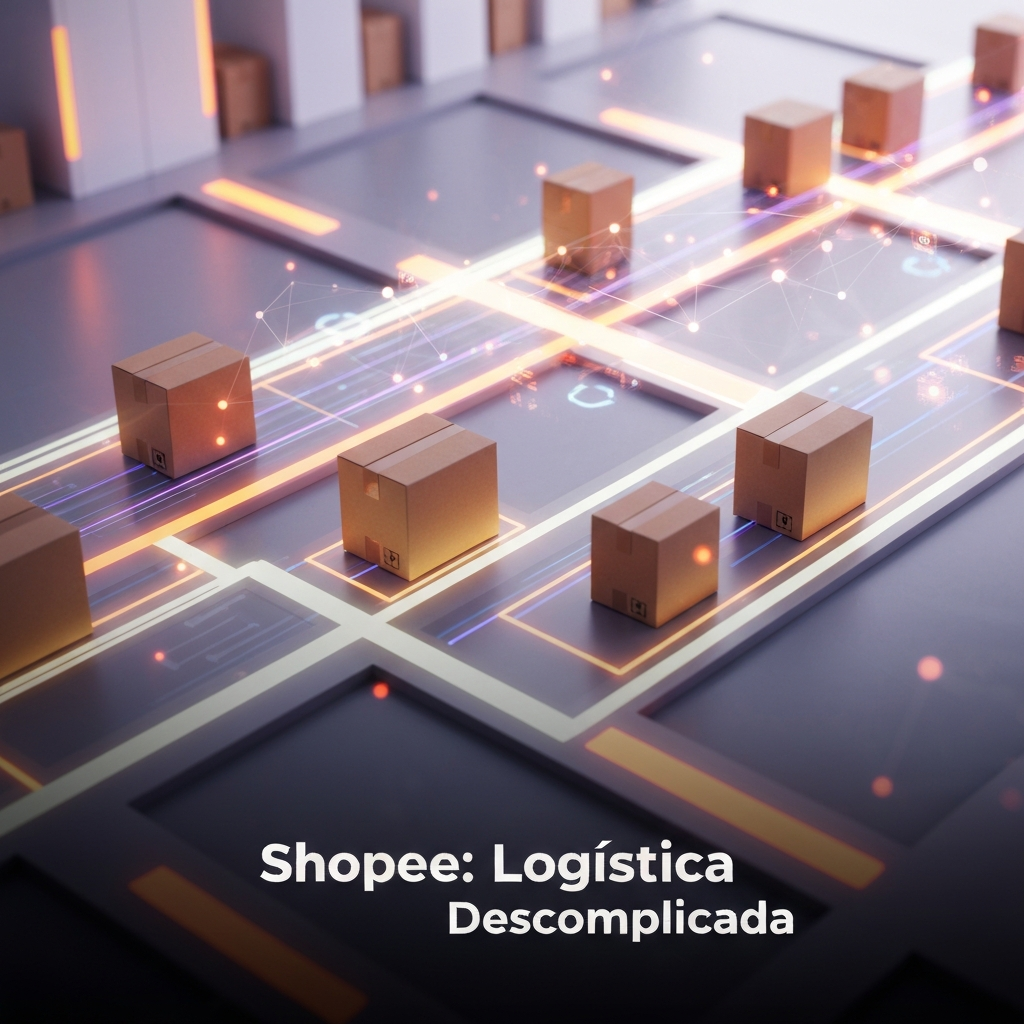 An overhead view of a modern logistics hub with packages moving on digital pathways, representing efficient Shopee logistics, shipments, collections, and transport carriers as detailed in the practical guide.