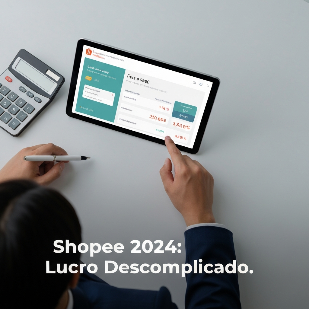 Mãos de uma pessoa analisando um tablet com gráficos e cálculos de taxas da Shopee, incluindo comissões e fretes, ilustrando o guia completo sobre como entender e gerenciar os custos para vender na plataforma em 2024.