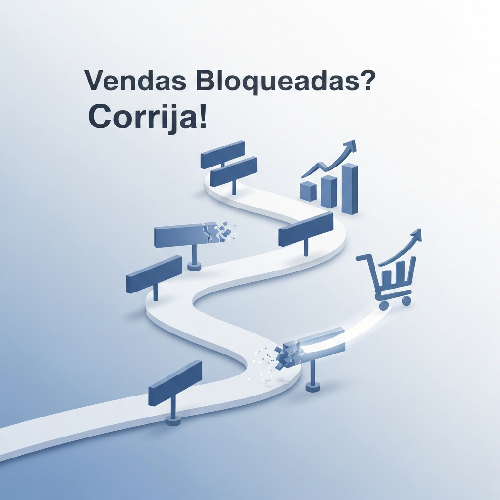 Ilustração conceitual de um caminho de vendas bloqueado por cinco barreiras, com uma luz indicando a solução, e o texto "Vendas Bloqueadas? Corrija!" sobreposto. A imagem representa os 5 erros comuns que impedem vendas em marketplaces e como corrigi-los.