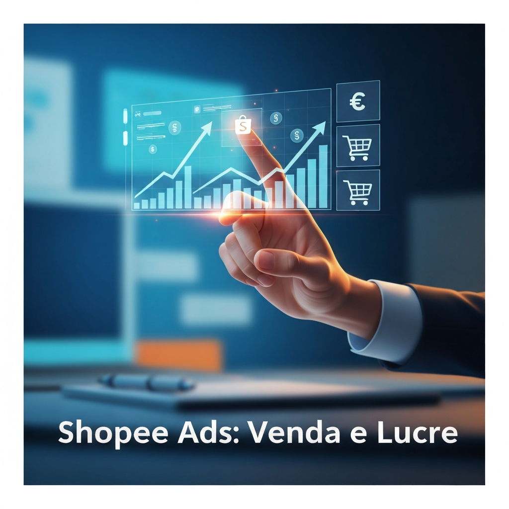 Mão interagindo com interface digital de e-commerce, mostrando gráficos de crescimento e símbolos de vendas, com o texto "Shopee Ads: Venda e Lucre". Ilustra o guia "Como Anunciar na Shopee Ads e Fazer a Primeira Venda (Passo a Passo Estratégico)".