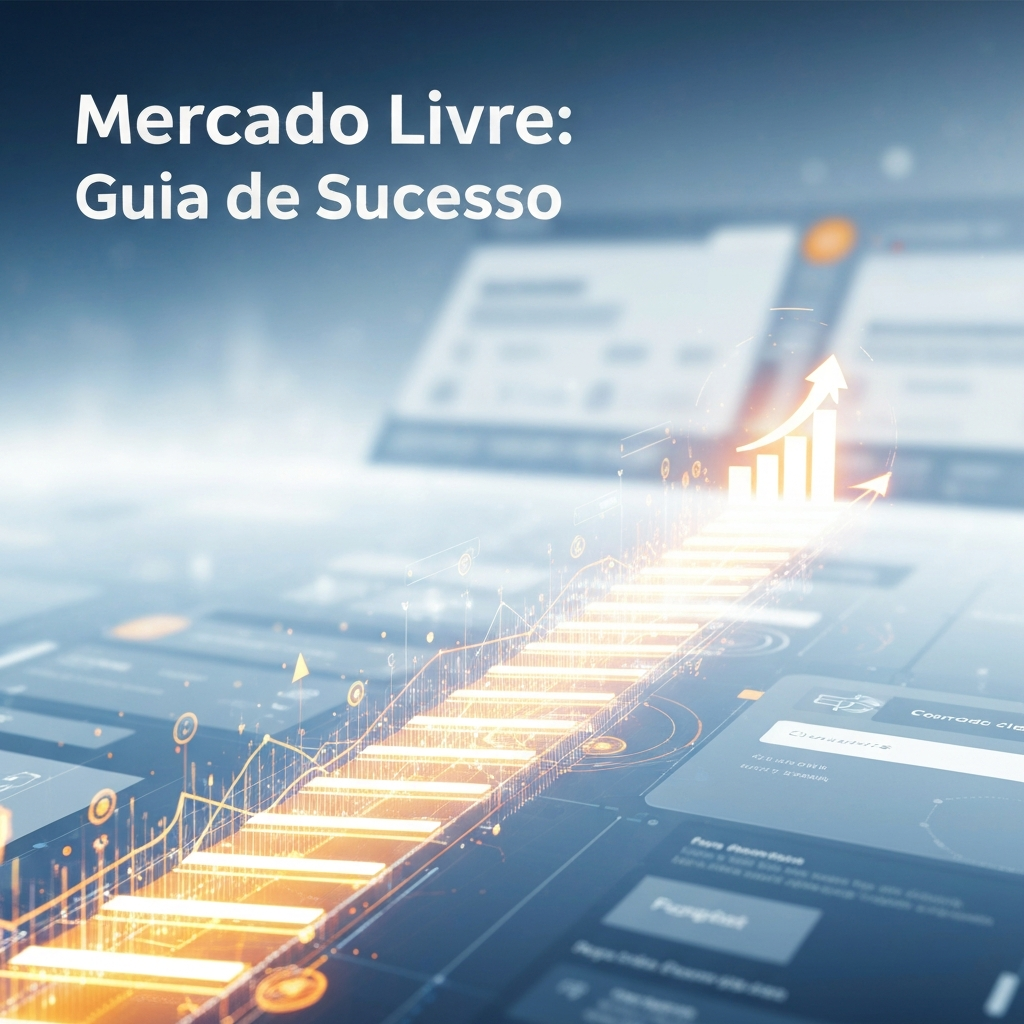 Imagem conceitual mostrando um caminho digital ascendente com elementos de e-commerce e um ícone de sucesso, representando o "Guia Completo: Como Vender no Mercado Livre Passo a Passo em 2026".