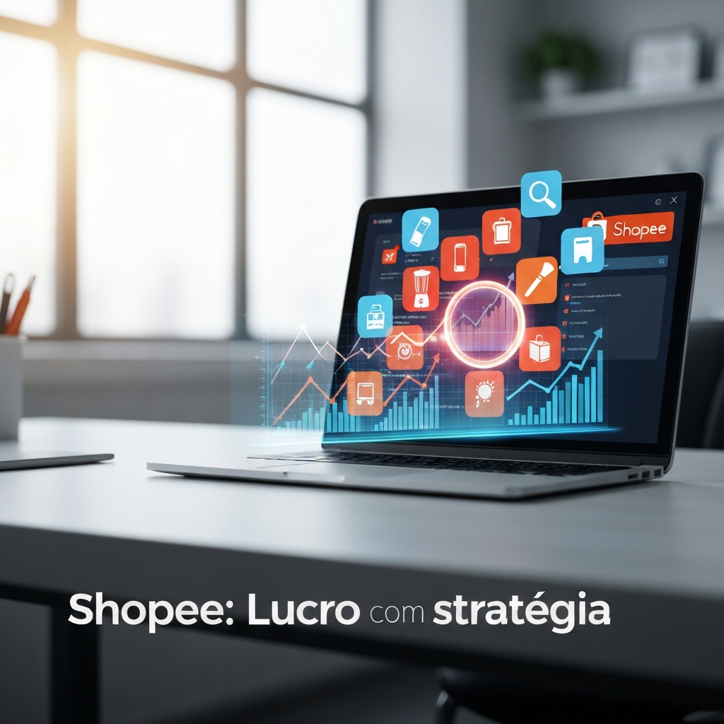 Imagem conceitual de um laptop exibindo gráficos de crescimento e ícones de produtos, com uma lupa digital, representando a metodologia para encontrar produtos lucrativos na Shopee em 2024. A imagem inclui o texto "Shopee: Lucro com Estratégia".