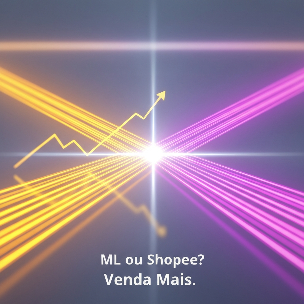 Visual abstrato e moderno comparando Mercado Livre e Shopee, com caminhos digitais em amarelo/laranja e roxo/rosa convergindo para um ponto de decisão, simbolizando a escolha estratégica para vender online. A imagem ilustra a análise completa para escolher onde vender entre Mercado Livre e Shopee.