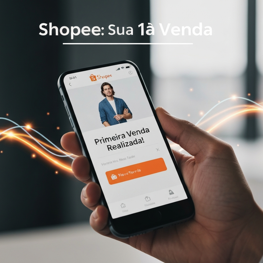 Mão segurando um smartphone com a tela exibindo uma notificação de "Primeira Venda Realizada!" no aplicativo da Shopee, com um fundo abstrato de crescimento digital. Ilustra o guia definitivo sobre como fazer a primeira venda na Shopee passo a passo.