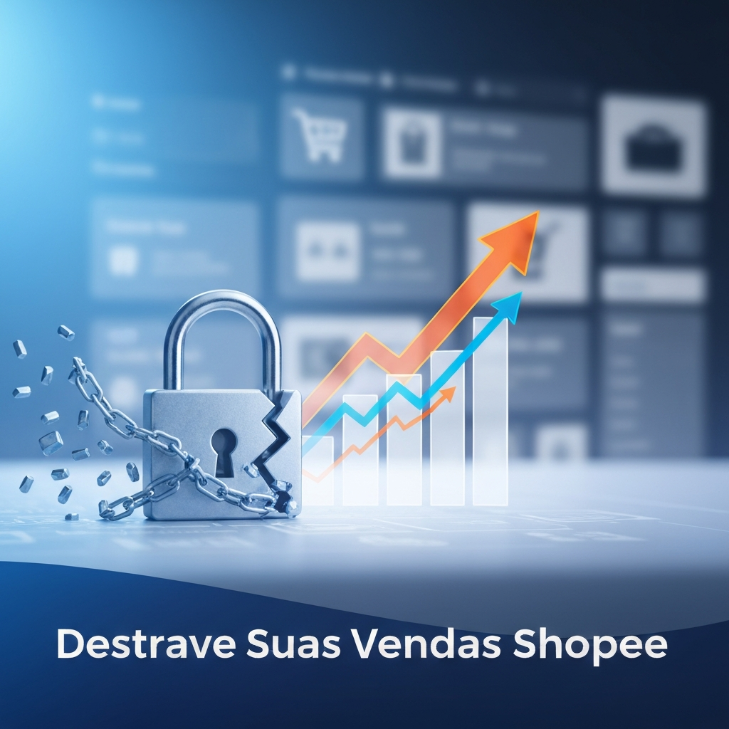 Visual metaphor showing a broken padlock and an ascending sales graph, symbolizing overcoming common errors and unlocking sales growth on Shopee, as discussed in "7 Erros Comuns que Impedem suas Vendas na Shopee (e Como Resolvê-los)".