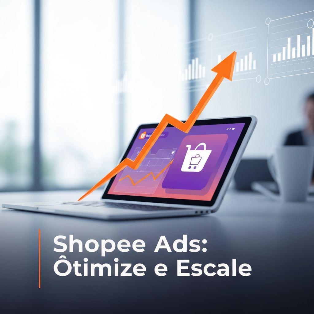 Imagem de um gráfico de crescimento ascendente em uma tela digital, simbolizando o uso do Shopee Ads para escalar vendas. O texto "Shopee Ads: Otimize e Escale" está sobreposto, ilustrando o guia avançado sobre como usar o Shopee Ads para escalar suas vendas.