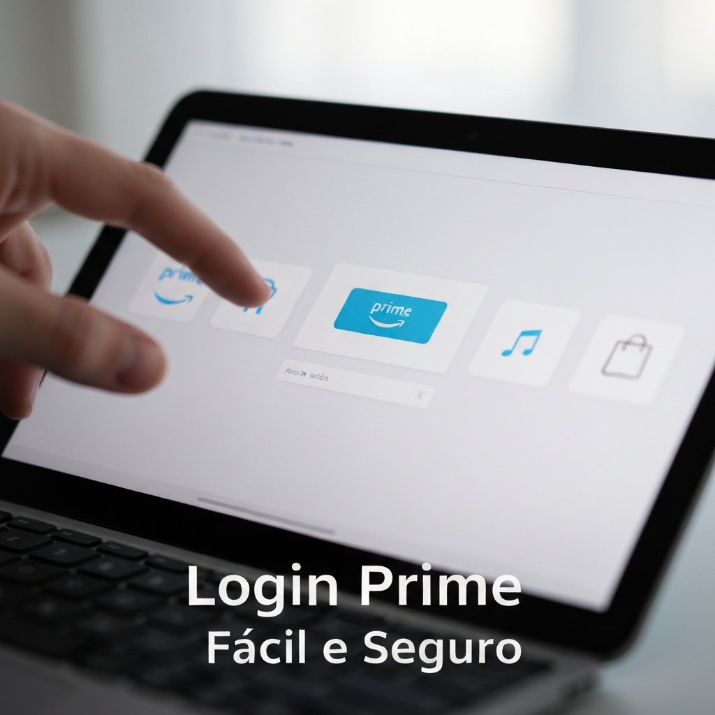 Imagem de uma tela de tablet ou laptop exibindo o login do Amazon Prime, com uma mão interagindo, simbolizando acesso fácil e seguro. Acompanha o texto "Login Prime Fácil e Seguro".