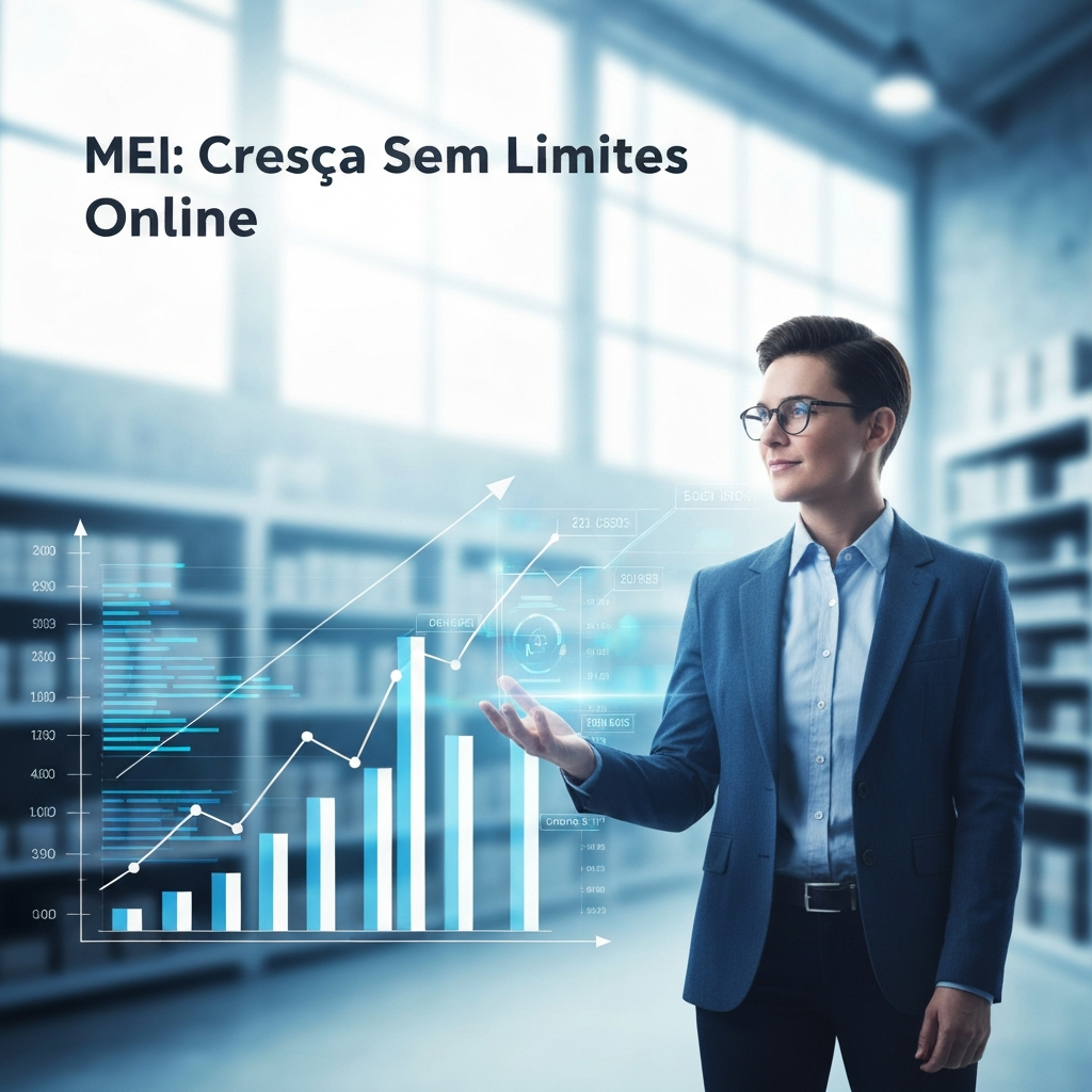 Imagem de um empreendedor de e-commerce olhando para gráficos de crescimento digital, simbolizando o Faturamento Anual MEI e a transição para Microempresa. O Guia Definitivo para Vendedores de E-commerce.