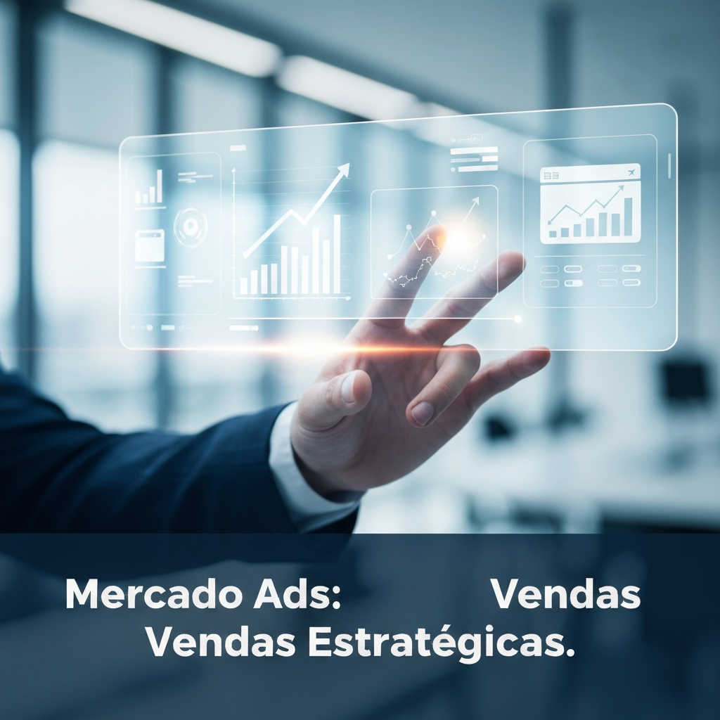 Imagem de uma mão interagindo com uma interface holográfica exibindo gráficos de vendas ascendentes e ícones de produtos, simbolizando estratégias de Mercado Ads para gerar vendas no Mercado Livre. O texto "Mercado Ads: Vendas Estratégicas." está sobreposto.