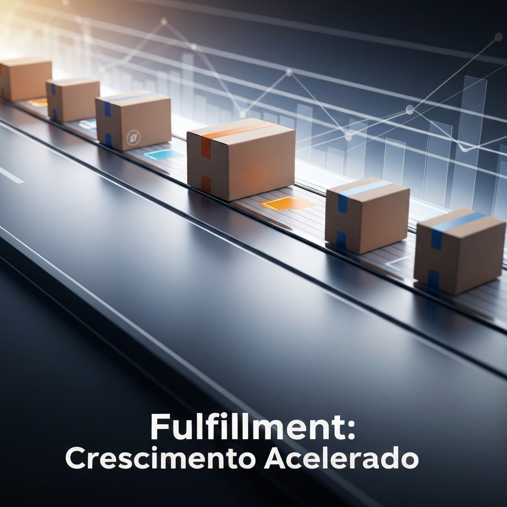 Imagem conceitual de caixas de entrega em movimento rápido em uma esteira futurista, com gráficos de crescimento e luzes dinâmicas ao fundo, simbolizando a eficiência do fulfillment da Amazon FBA e Mercado Livre para escalar vendas no e-commerce.