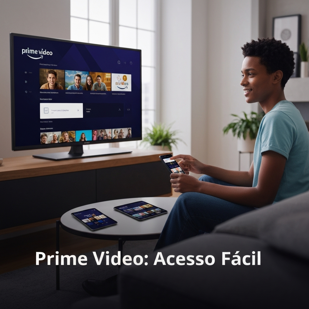 Imagem de uma pessoa acessando o Amazon Prime Video em uma Smart TV e tablet, com o texto "Prime Video: Acesso Fácil". Ilustra o guia completo para acessar sua conta sem erros.