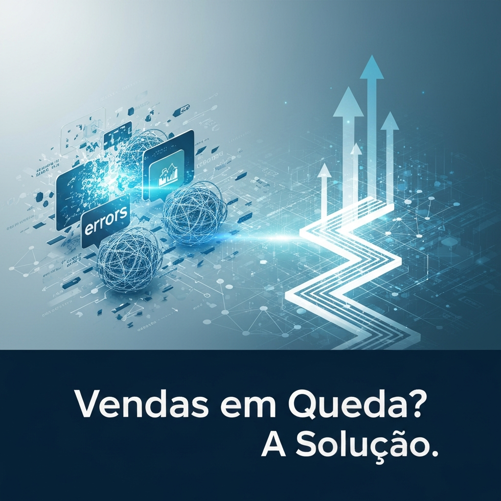 Conceptual digital illustration showing a transition from fragmented, downward-trending data to a clear, ascending path of growth, symbolizing the 7 errors that knock down sales on marketplaces and how to correct them. The image features corporate blues and teals, with the headline "Vendas em Queda? A Solução."
