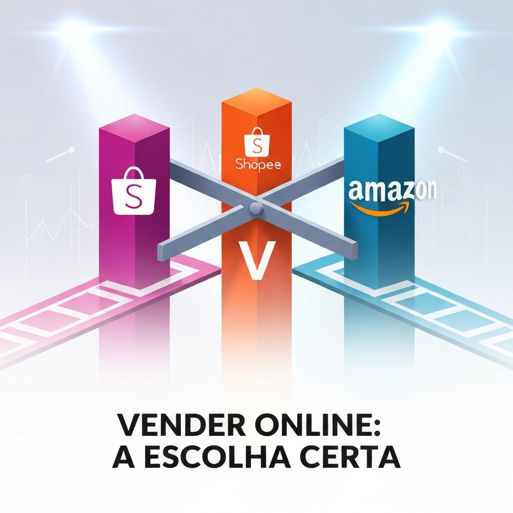 Visual comparison of Mercado Livre, Shopee, and Amazon platforms, represented by stylized digital elements, with the headline "Vender Online: A Escolha Certa". Illustrates the article "Mercado Livre vs Shopee vs Amazon: Qual a Melhor Plataforma para Começar a Vender em 2024?"