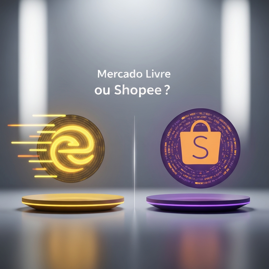 Abstract visual comparing Mercado Livre and Shopee platforms, with their distinct brand colors, representing the strategic decision of which is the best platform to sell on in 2024.