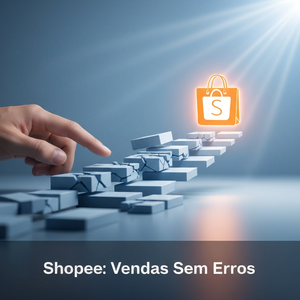 Imagem conceitual mostrando uma mão reorganizando blocos que representam erros, formando um caminho claro para um ícone de sacola de compras da Shopee, com o texto "Shopee: Vendas Sem Erros". Ilustra "Os 7 Erros que Impedem suas Vendas na Shopee (e Como Corrigi-los)".