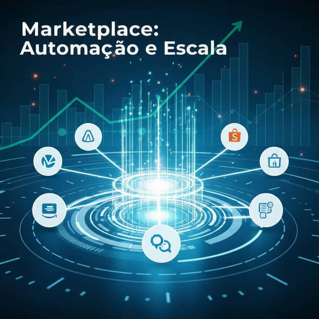Imagem de um painel de controle digital moderno com um hub centralizado conectando a cinco ícones de marketplaces, simbolizando a gestão de marketplaces e as 5 ferramentas essenciais para automatizar e escalar vendas.