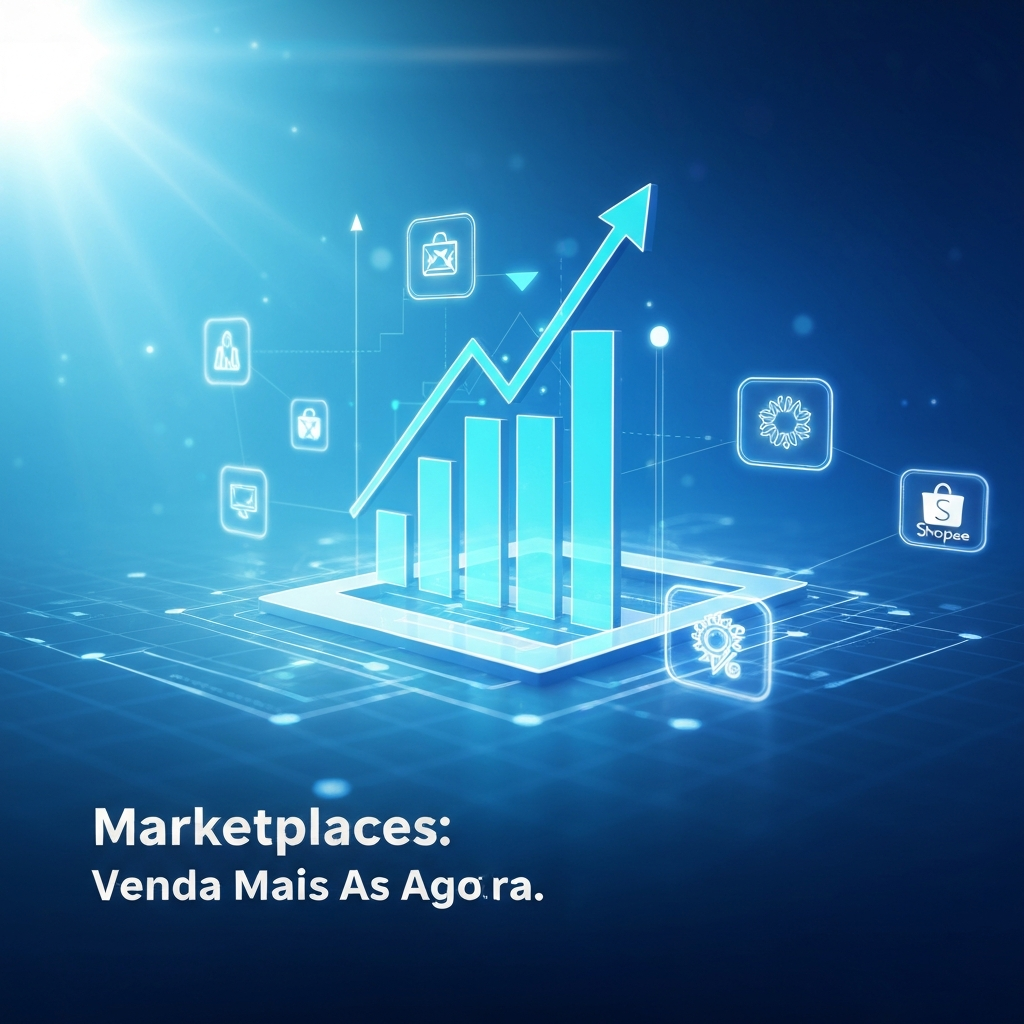 Digital illustration showing an upward-trending graph and interconnected marketplace icons, symbolizing strategic marketplace management for increased sales, with the headline "Marketplaces: Venda Mais Agora." This image represents the core message of the article "O Que é Gestão de Marketplaces: Guia Essencial para Vender Mais."