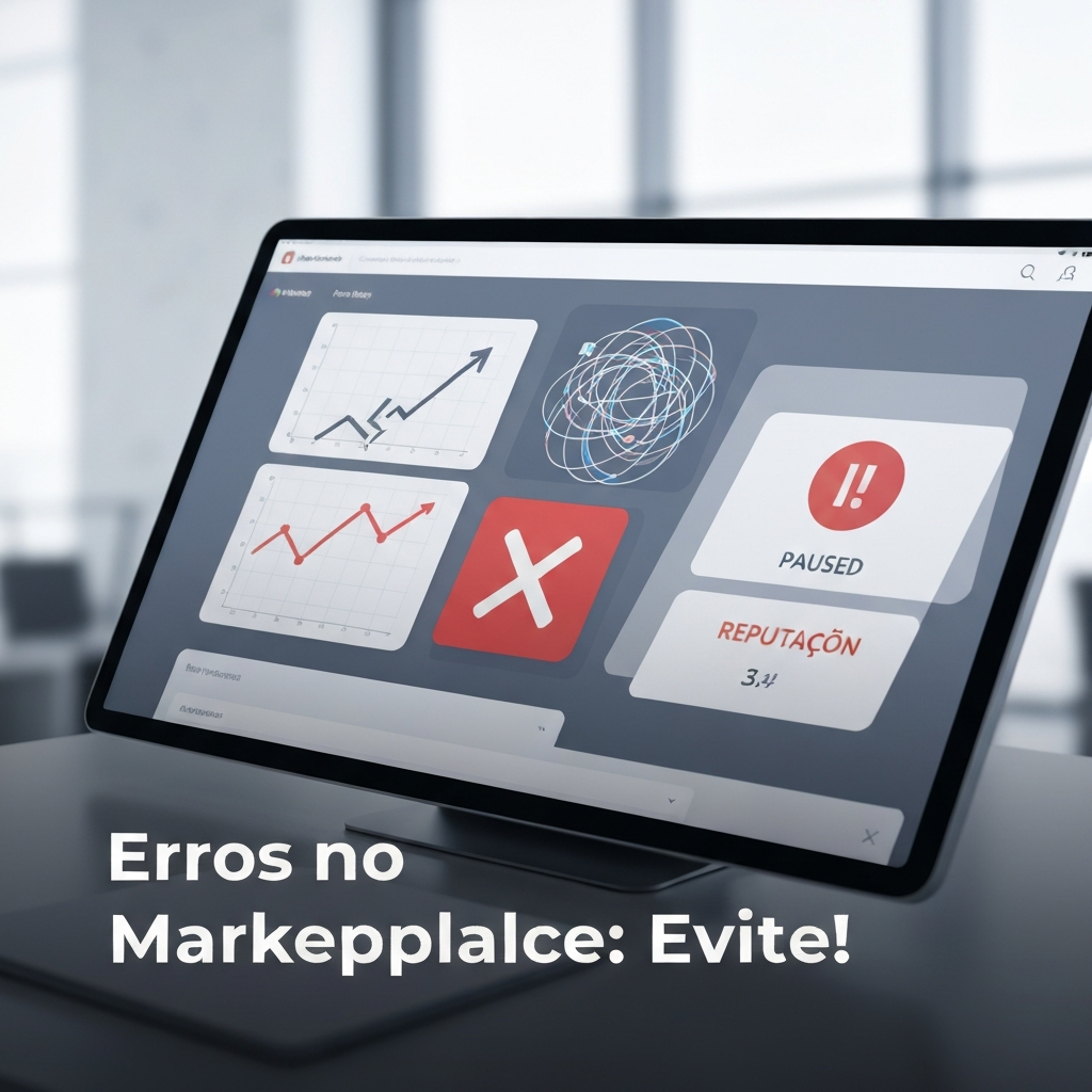 Imagem de um painel de controle digital de marketplace com gráficos e ícones que representam erros como vendas em queda, estoque esgotado e reputação baixa, com o texto "Erros no Marketplace: Evite!" sobreposto. Ilustra os 7 erros na gestão de marketplaces que prejudicam vendas e como evitá-los, conforme o artigo.