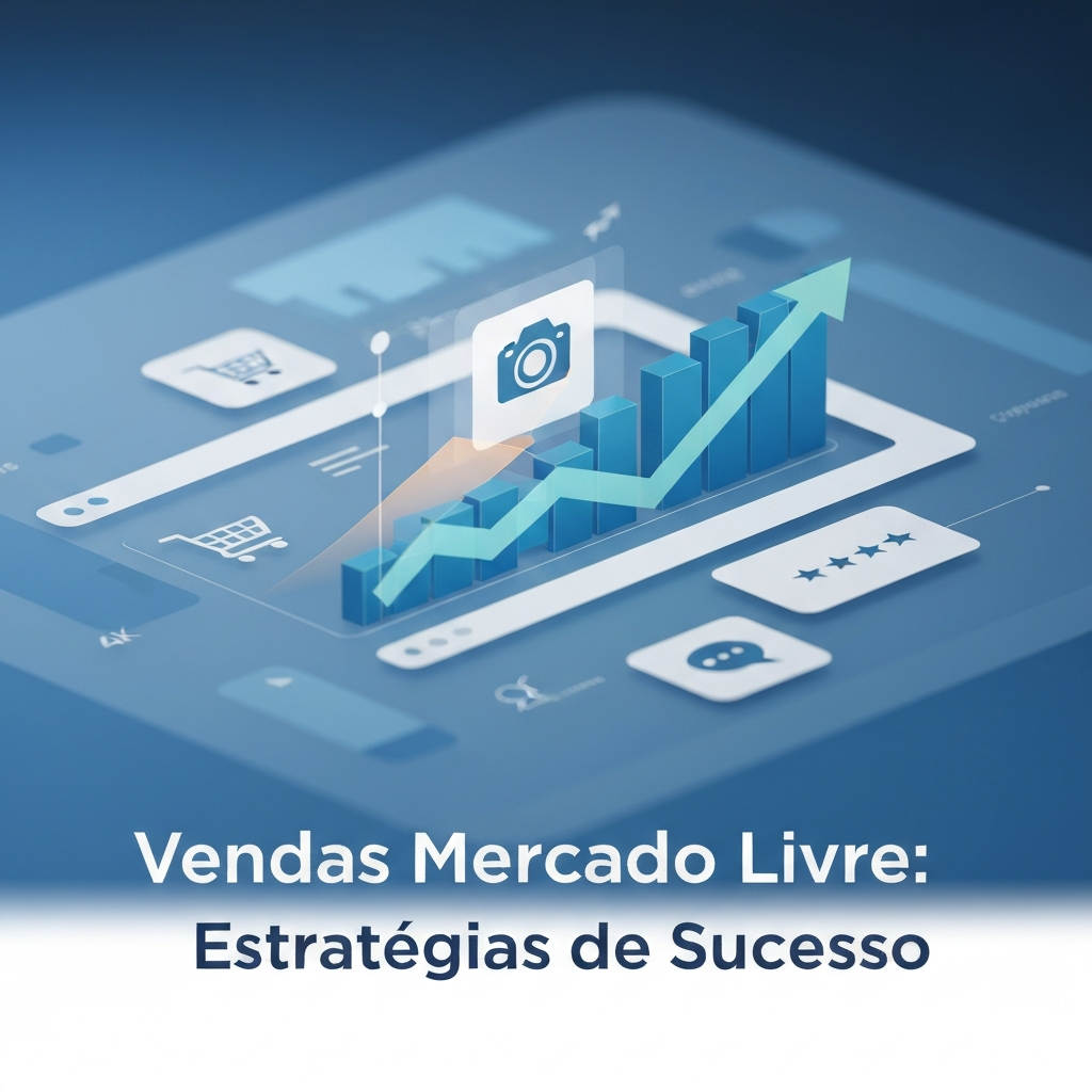 Imagem conceitual de crescimento de vendas no Mercado Livre, com gráficos ascendentes, ícones de e-commerce e elementos digitais, ilustrando as 10 estratégias comprovadas para aumentar vendas.