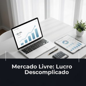 Imagem de uma mesa de escritório moderna com um laptop exibindo gráficos financeiros de lucro crescente e otimização de custos, um tablet com cálculos e elementos de planejamento, ilustrando o guia completo de taxas e comissões do Mercado Livre 2024.
