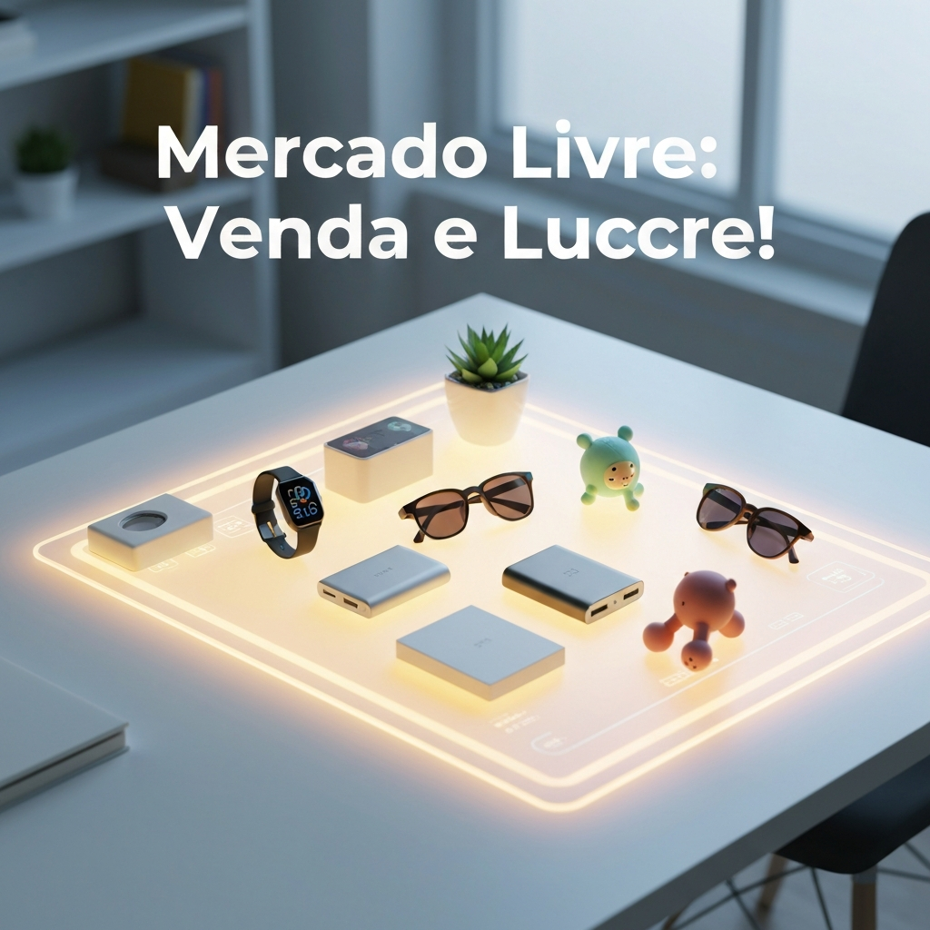 A diverse collection of profitable products like a smartwatch, sunglasses, and home decor arranged on a modern desk with a digital marketplace glow, illustrating "O Que Vender no Mercado Livre: 50 Ideias Lucrativas para Iniciar em 2024".