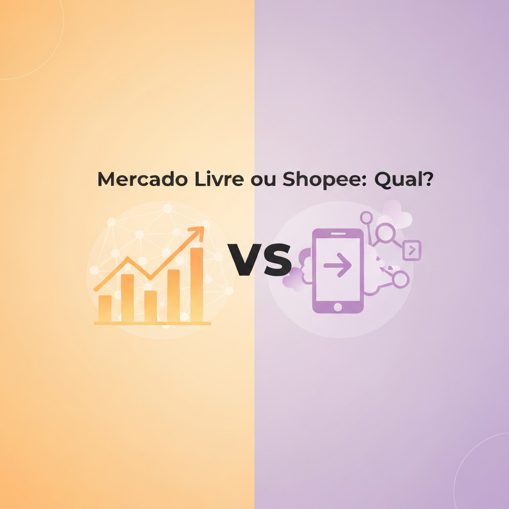 Featured image comparing Mercado Livre and Shopee platforms for selling in 2024, showing two distinct e-commerce pathways with abstract symbols of growth and choice, with the headline "Mercado Livre ou Shopee: Qual?"