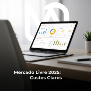 A person analyzing financial charts and graphs on a tablet, representing the detailed breakdown of Mercado Livre fees and fixed costs for 2025, with the headline 'Mercado Livre 2025: Custos Claros' overlaid. This image illustrates the complete guide to commissions and fixed costs on Mercado Livre.