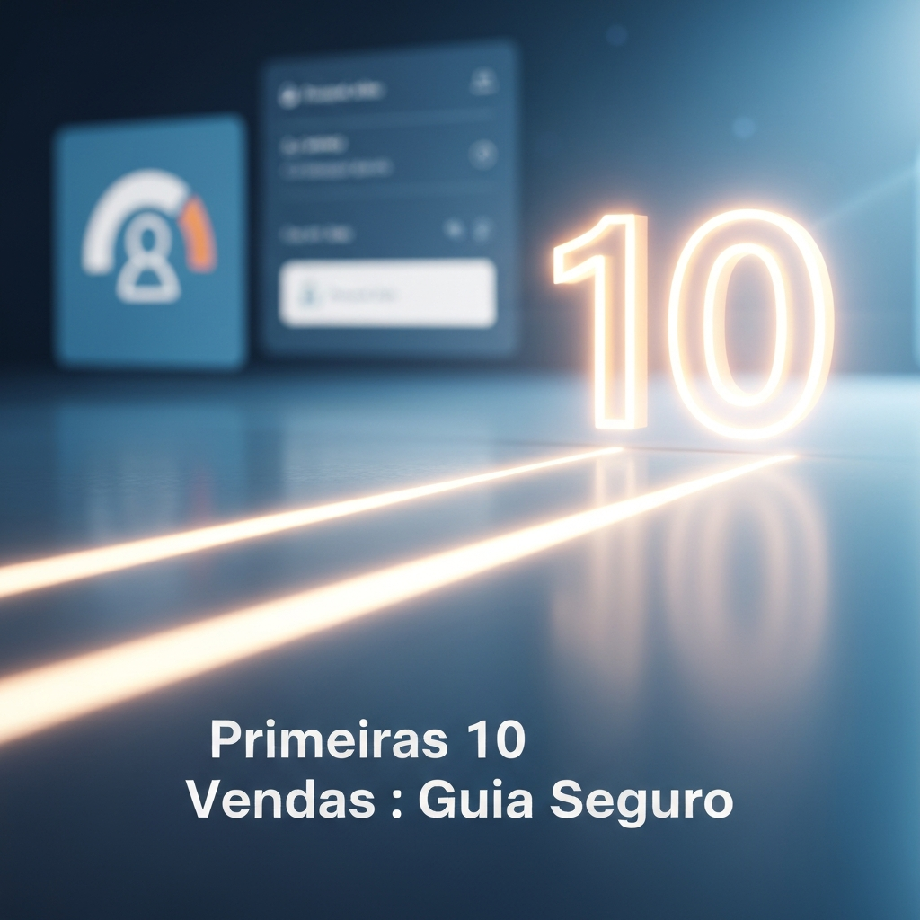 Imagem de um caminho iluminado levando ao número 10, com elementos de e-commerce e um termômetro de reputação ao fundo, simbolizando o guia para fazer as primeiras 10 vendas no Mercado Livre de forma rápida e segura.