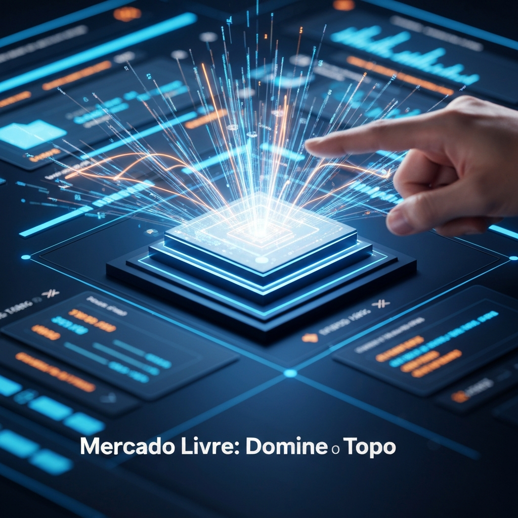 Imagem de um painel digital futurista com dados e gráficos, destacando a primeira página do Mercado Livre, com uma mão interagindo, representando o guia avançado de SEO para dominar o ranqueamento.