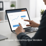 Hands interacting with a tablet screen showing Shopee seller coupon management dashboard with sales growth, illustrating the guide "Cupom de Vendedor Shopee: O Guia Definitivo para Criar e Distribuir Descontos".