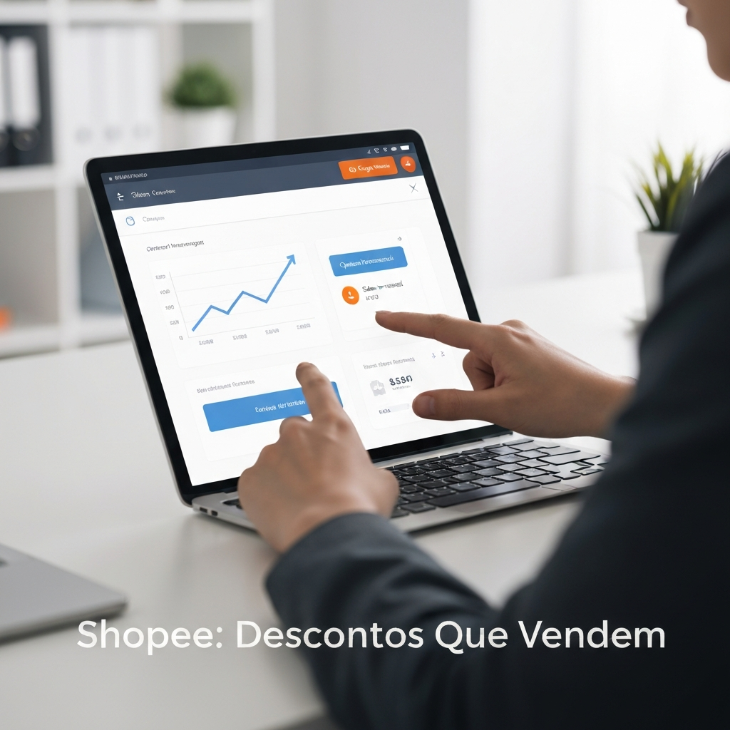 Hands interacting with a tablet screen showing Shopee seller coupon management dashboard with sales growth, illustrating the guide "Cupom de Vendedor Shopee: O Guia Definitivo para Criar e Distribuir Descontos".