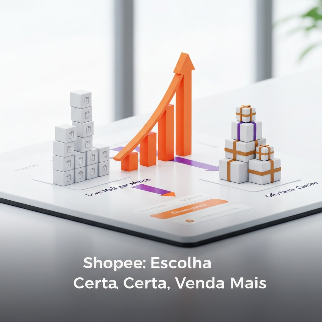 Visual comparison of "Leve Mais por Menos" (volume discount) and "Oferta de Combo" (product bundle) strategies on a digital e-commerce platform, illustrating how to increase average order value. The image supports the article "Leve Mais por Menos vs. Combo na Shopee: Qual Ferramenta Usar para Aumentar o Ticket Médio?".