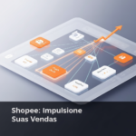 Digital marketing dashboard showing interconnected Shopee promotional tools like Shopee Ads, Flash Deals, and Vouchers, with an upward trending sales graph, illustrating "5 Estratégias Avançadas para Aumentar Vendas na Shopee com Promoções".