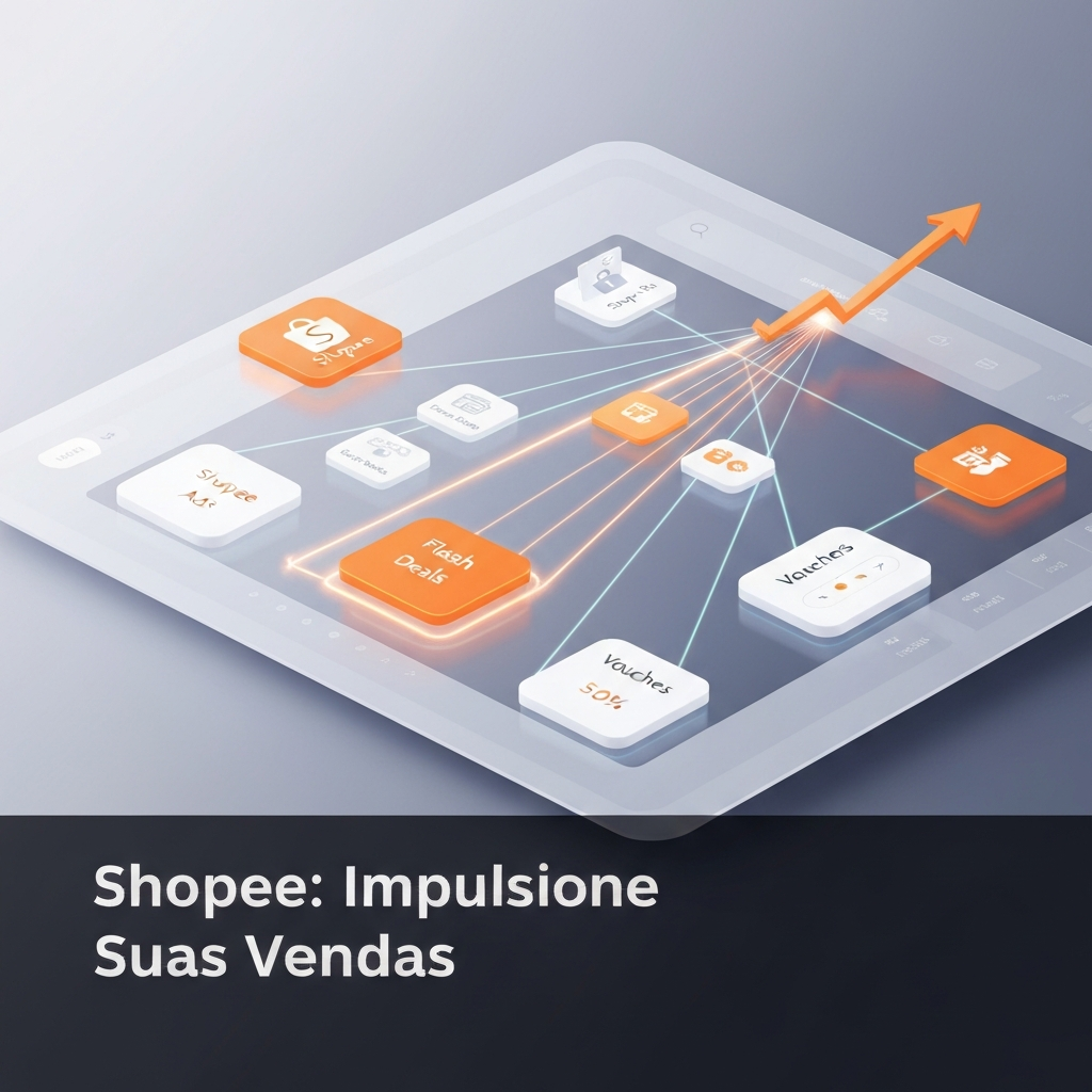 Digital marketing dashboard showing interconnected Shopee promotional tools like Shopee Ads, Flash Deals, and Vouchers, with an upward trending sales graph, illustrating "5 Estratégias Avançadas para Aumentar Vendas na Shopee com Promoções".