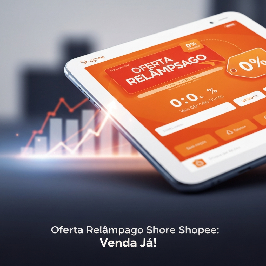 Imagem de um smartphone exibindo a interface de uma oferta relâmpago na Shopee, com o texto "Oferta Relâmpago Shopee: Venda Já!" sobreposto, ilustrando o guia passo a passo para vender mais rápido na plataforma.